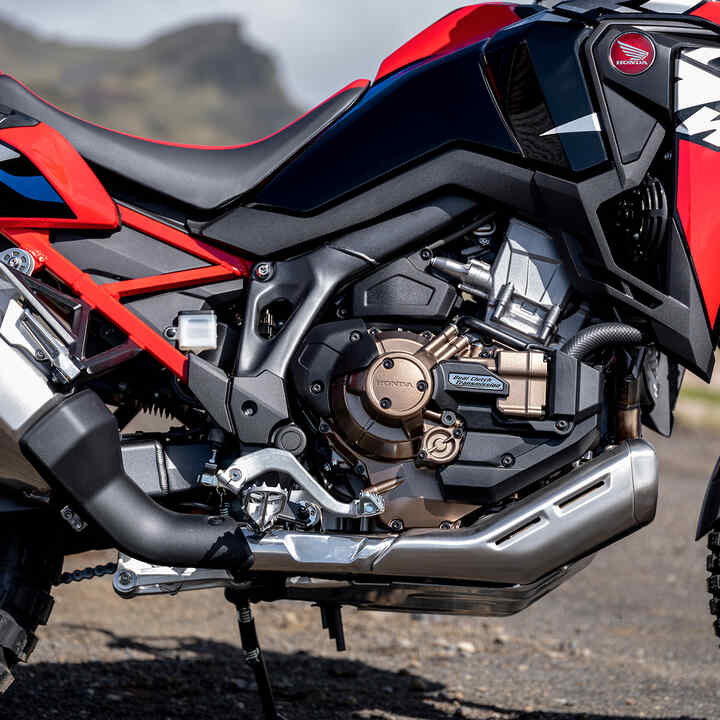 Vue arrière du trail Honda Africa Twin en situation.